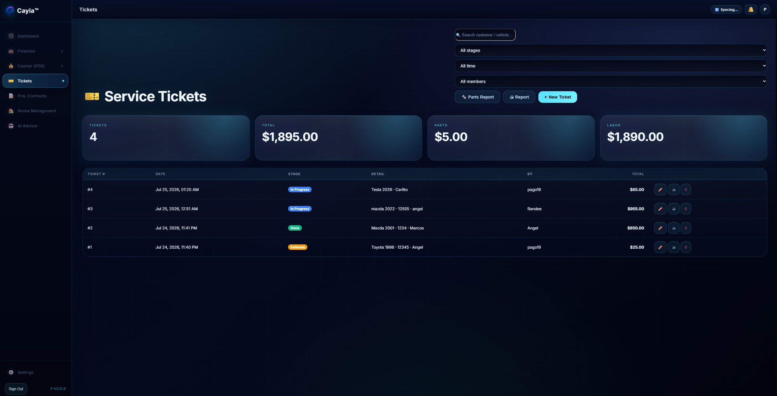 ™Cayia Service Tickets work order screen