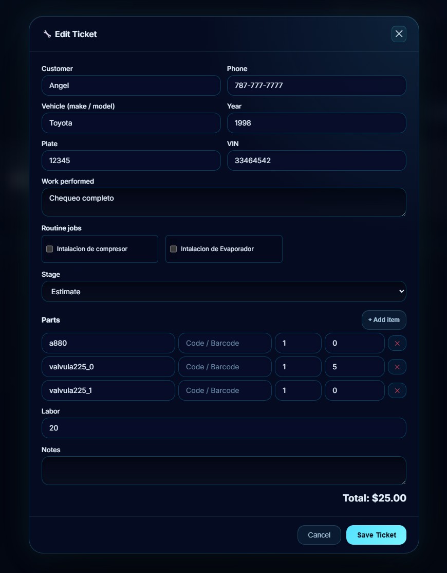 Service Tickets and customer invoice setup screen