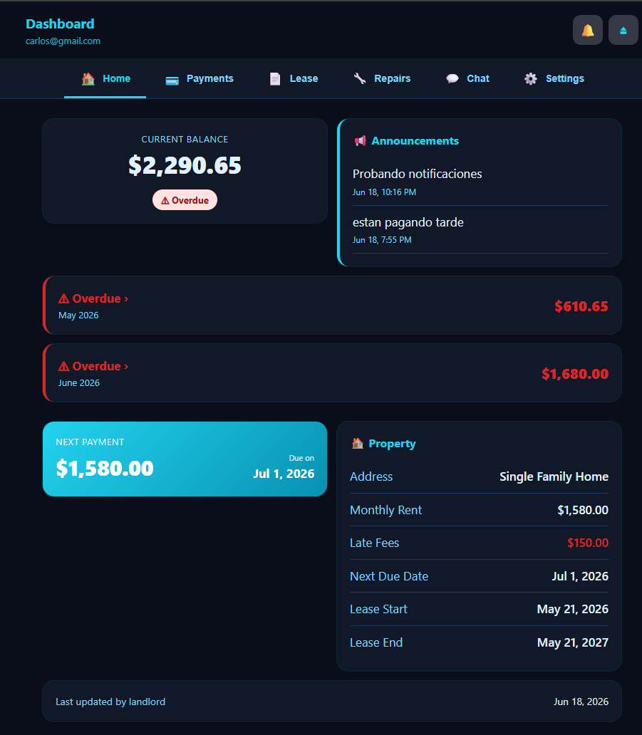 Cayia Tenant Portal dashboard with balance, announcements, payments and property details