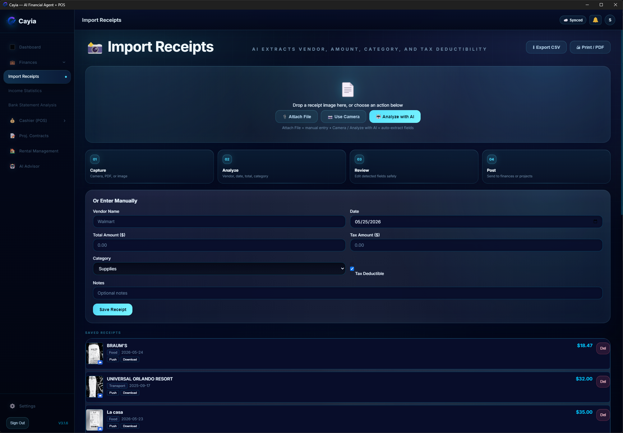 ™Cayia receipt import and finances