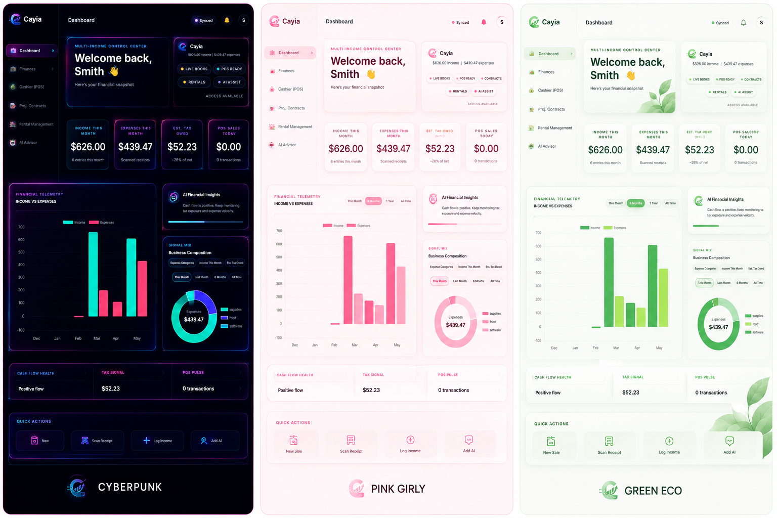 ™Cayia skin examples showing Cyberpunk, Pink Girly and Green Eco