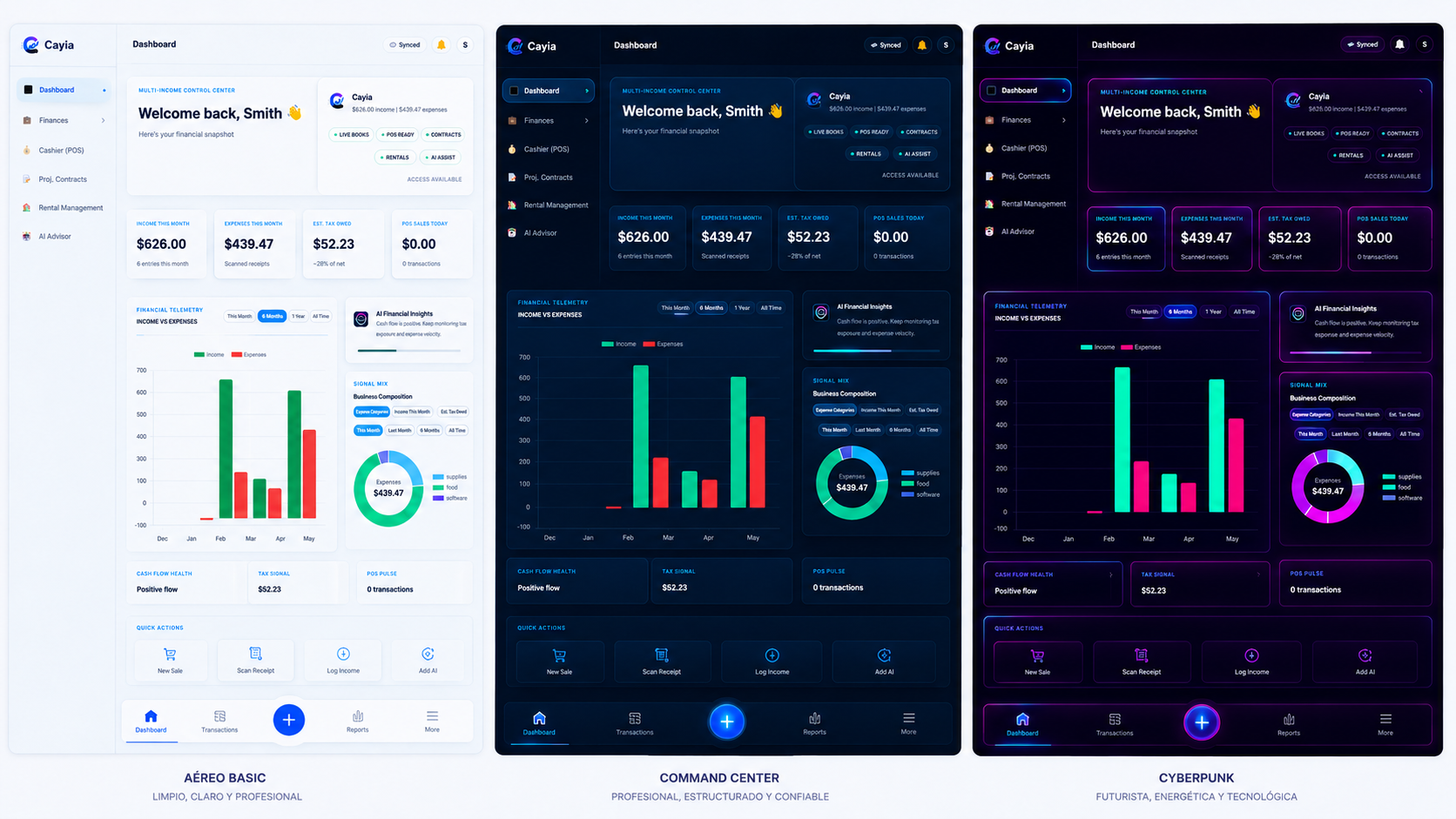 ™Cayia skin examples showing Aero Basic, Command Center and Cyberpunk